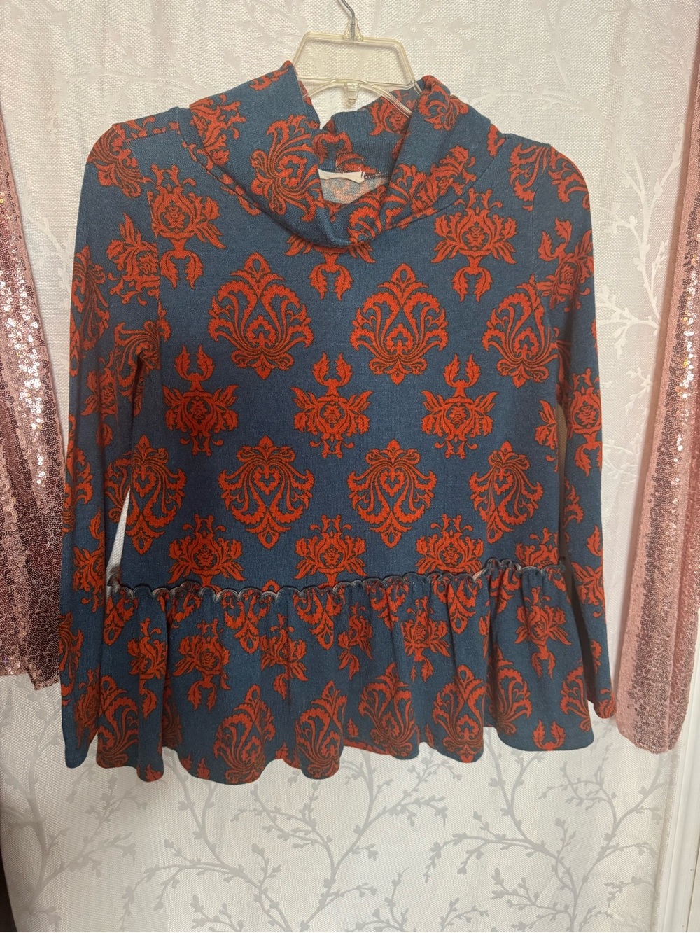 entro Blue Sweater with Orange Damask Peplum